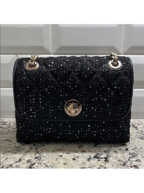 Kate Spade Natalia Tweed Sequin Flap Shoulder Crossbody Bag Black EUC